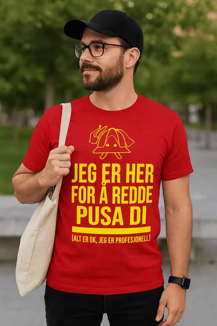 Morsom t-skjorte redder pusa – JEG ER HER