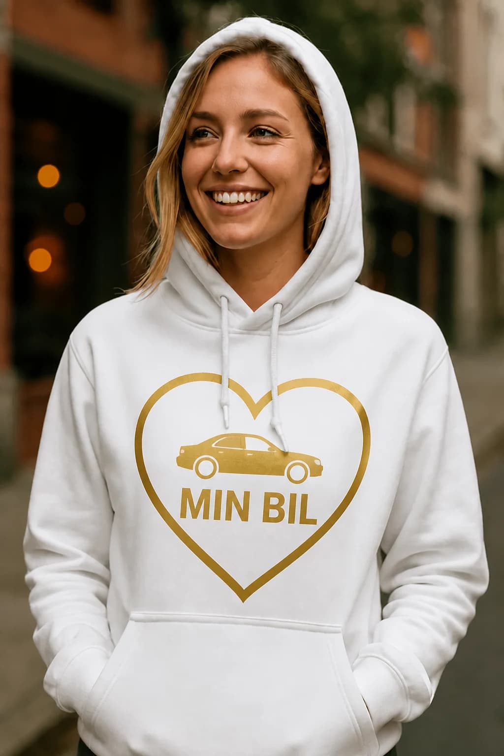 Hvit dame-hettegenser med gullhjerte og bilsilhuett med egen tekst, gave til bilelskere