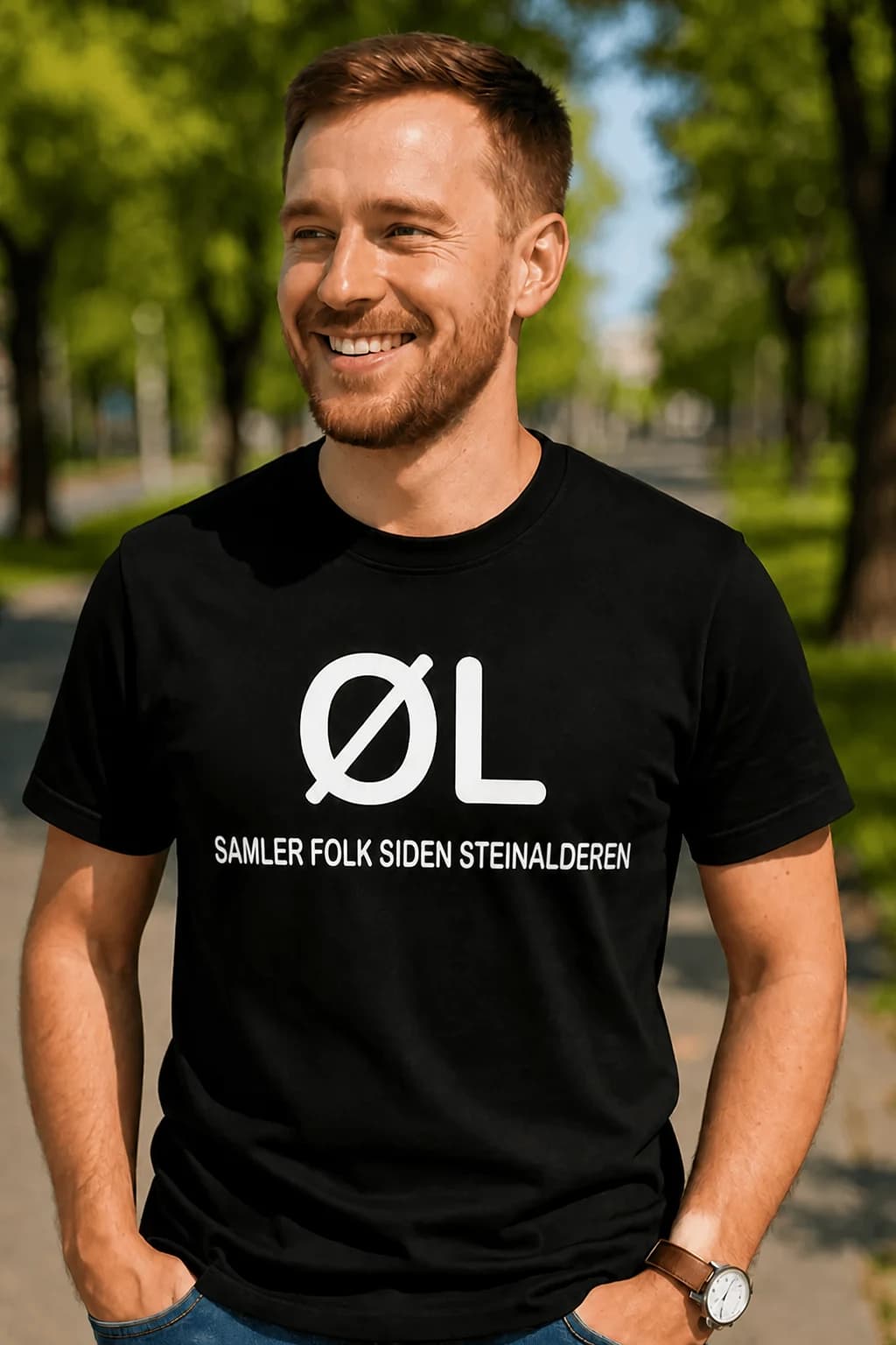 Smilende mann i svart morsom t-skjorte for ølelskere med stor tekst «ØL» og en mindre linje under