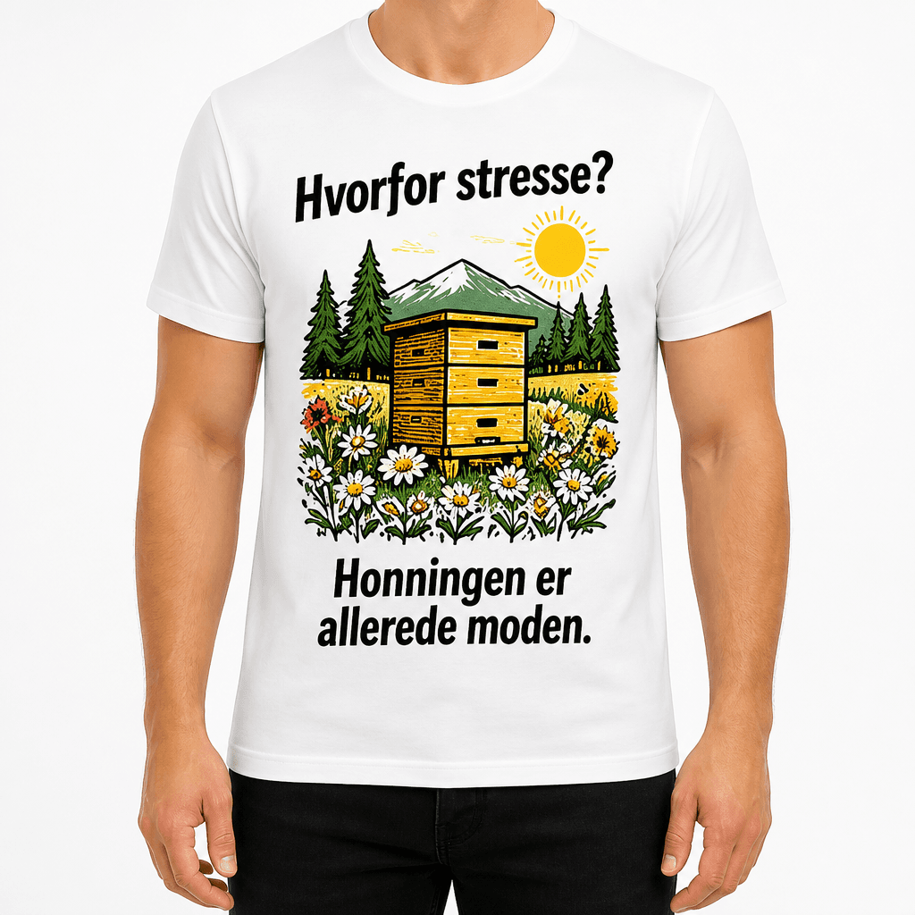 Birøkter-T-skjorte – Hvorfor stresse? Honningen er allerede moden.