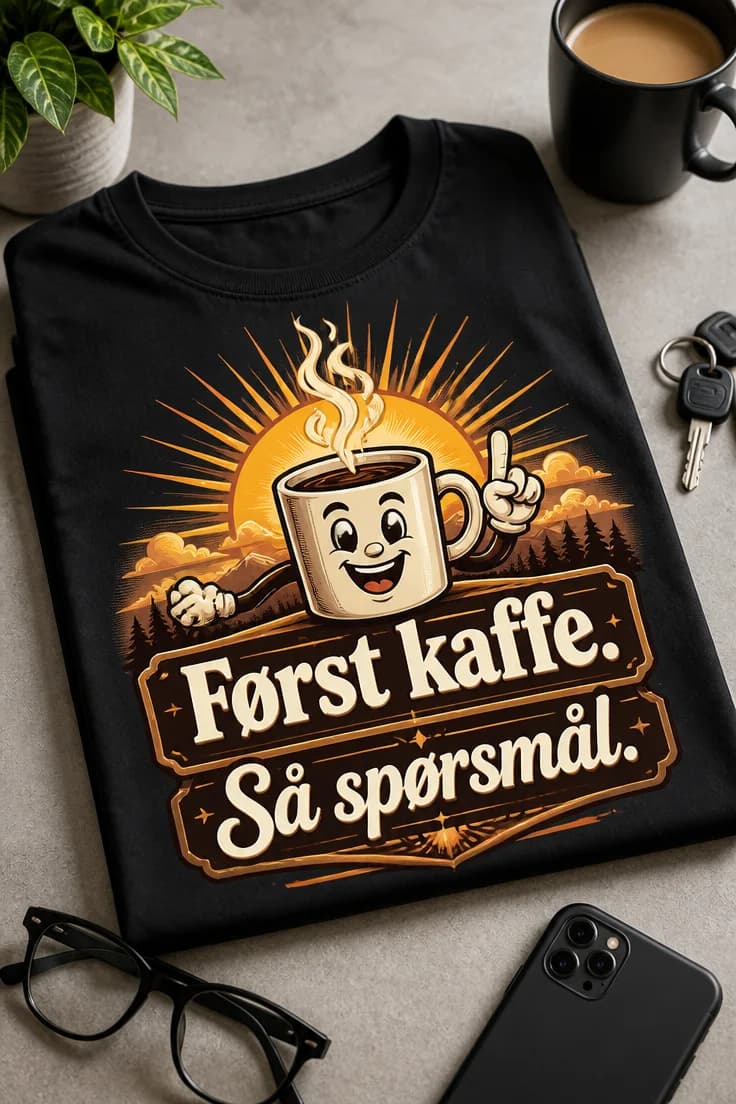 Kaffegenser? Nei, en T-skjorte med Først kaffe. Så spørsmål.