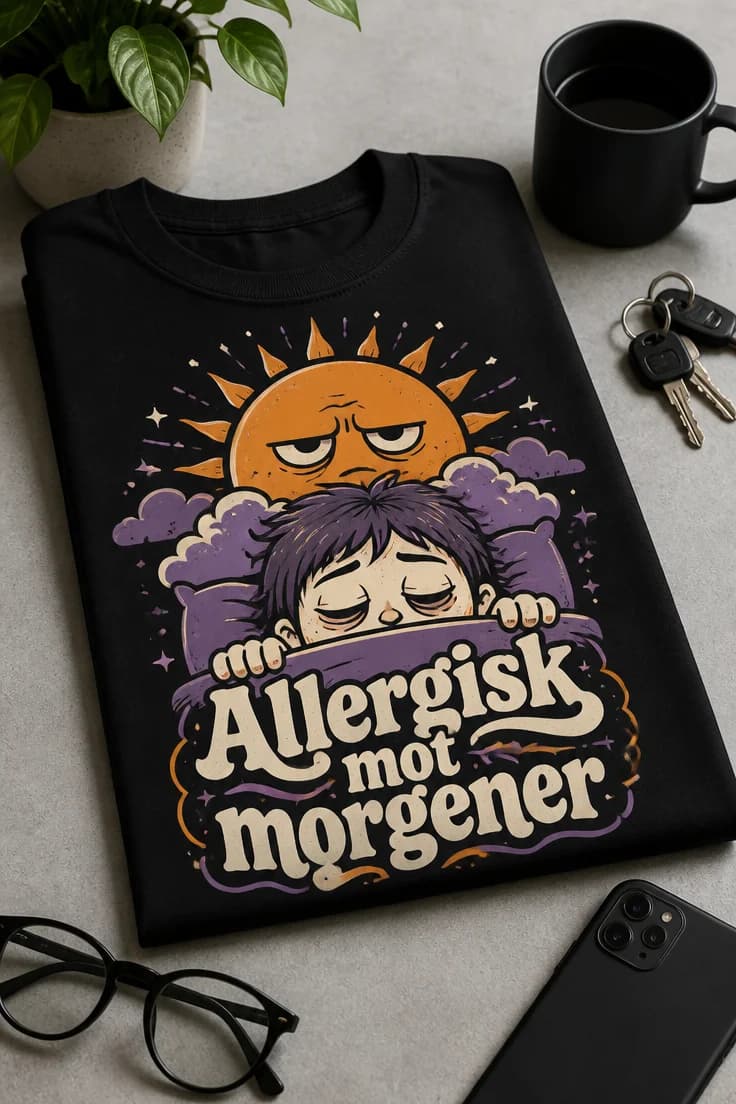 Morsom T-skjorte med «Allergisk mot morgener»