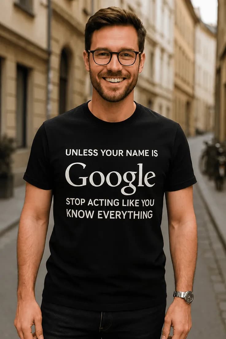 Morsom t-skjorte Google vet alt – UNLESS YOUR NAME