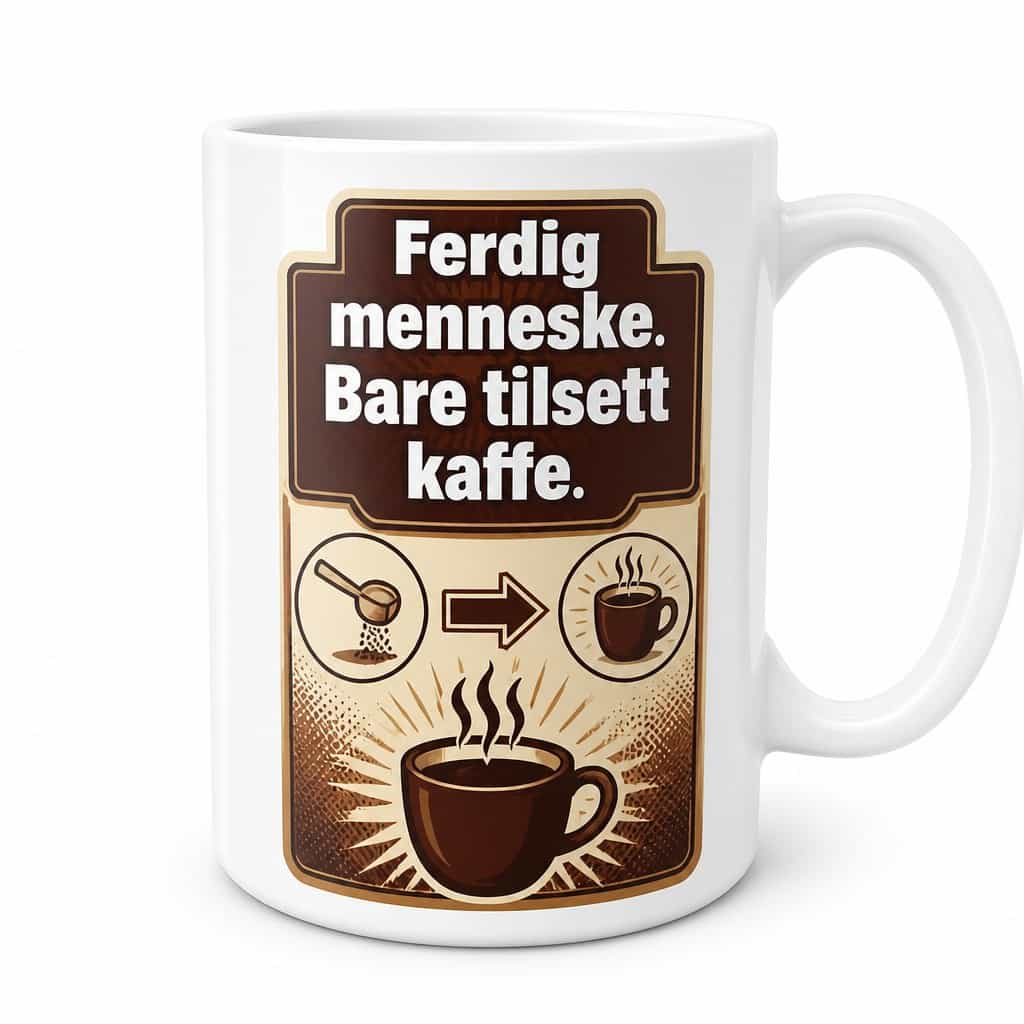 Kaffekopp med tekst â Ferdig menneske. Bare tilsett kaffe.