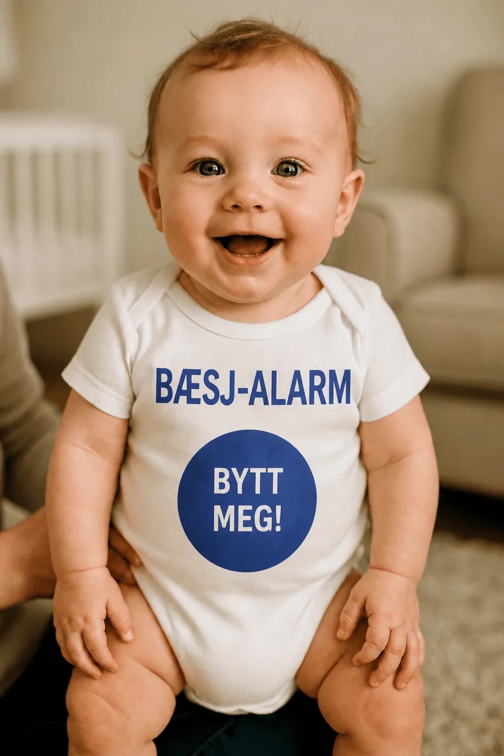 Baby i hvit babybody med blått rundt knappmotiv og teksten «Bæsj-alarm – bytt meg!»