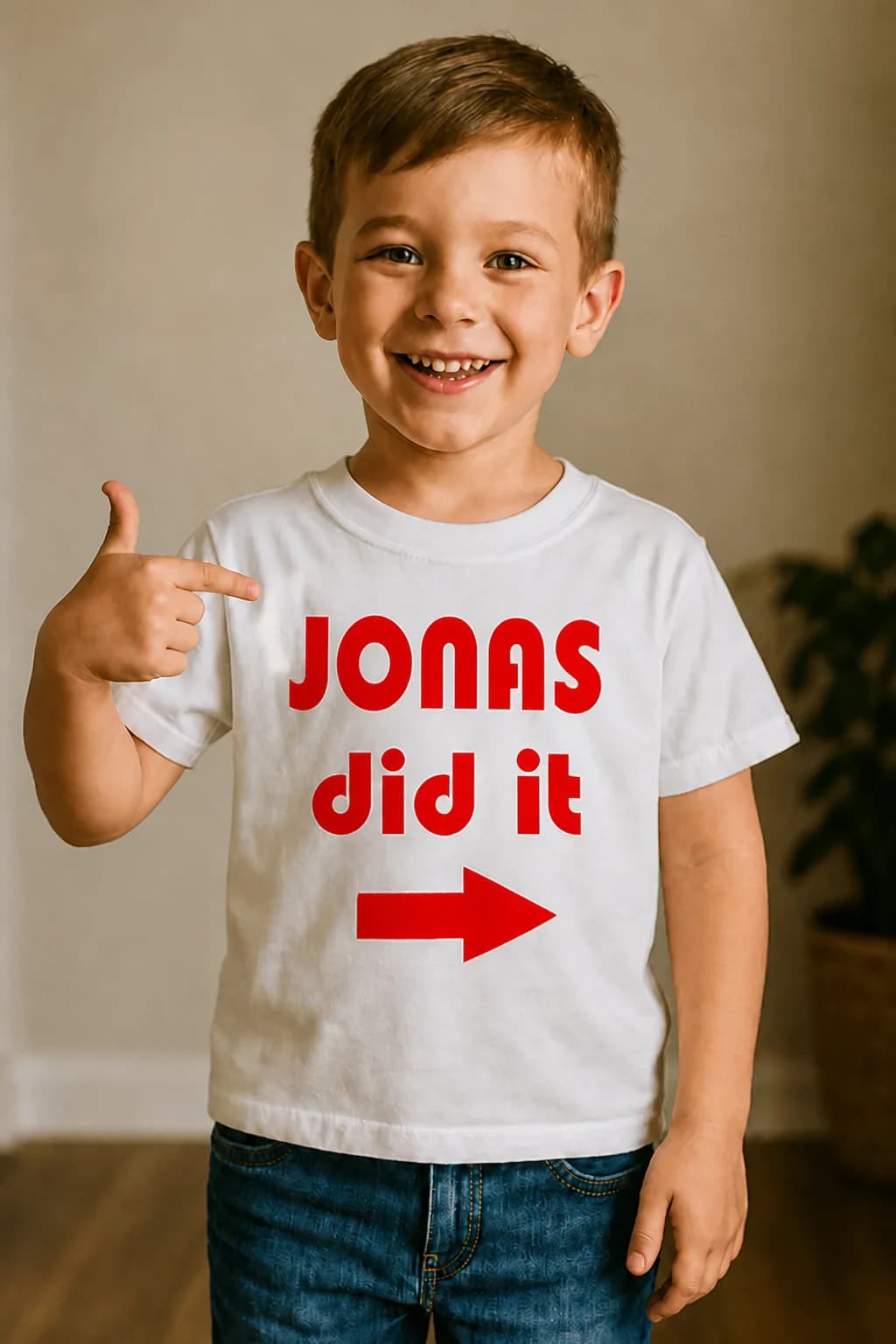 Gutt i hvit barne-t-skjorte med rød tekst «JONAS did it» og pil – morsom barne-t-skjorte med navn