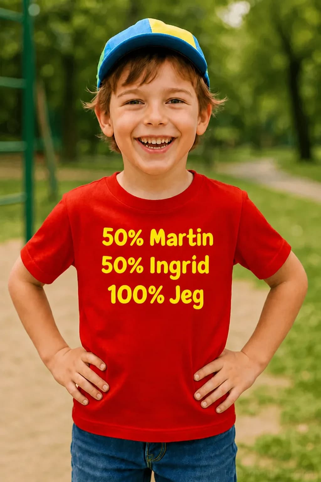 Gutt i rød barne-t-skjorte med gul tekst «50% Martin, 50% Ingrid, 100% Jeg» – barne-t-skjorte med foreldrenes navn