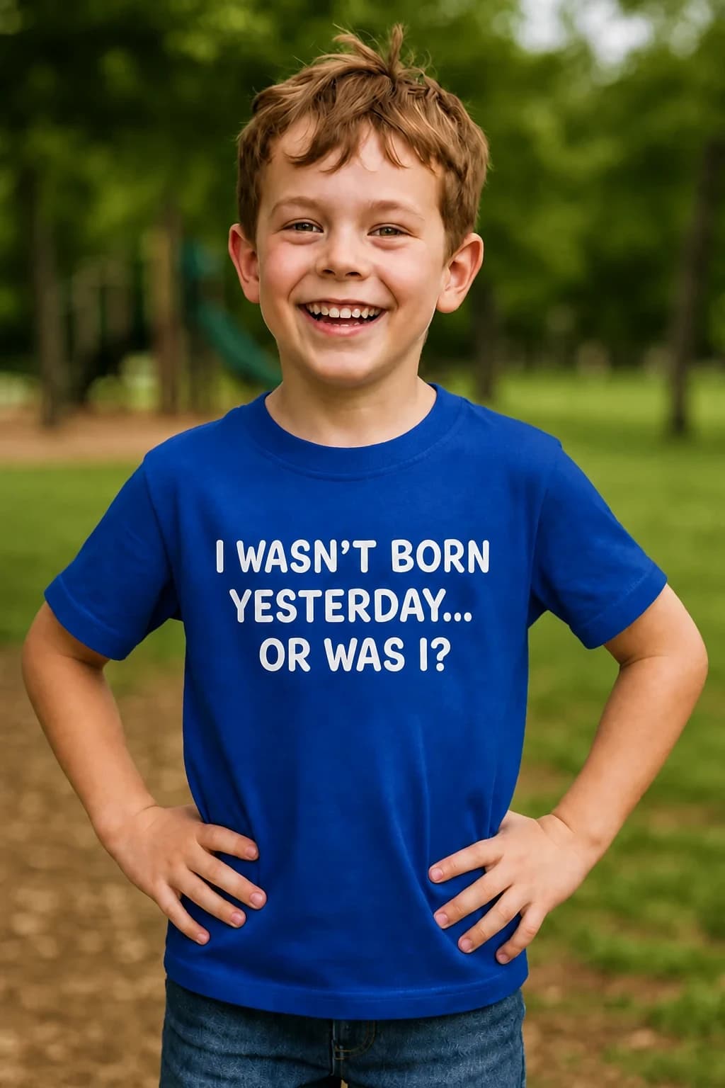 Smilende gutt i kongeblå barne-t-skjorte med hvit tekst «I wasn't born yesterday... or was I?» – morsom barne-t-skjorte