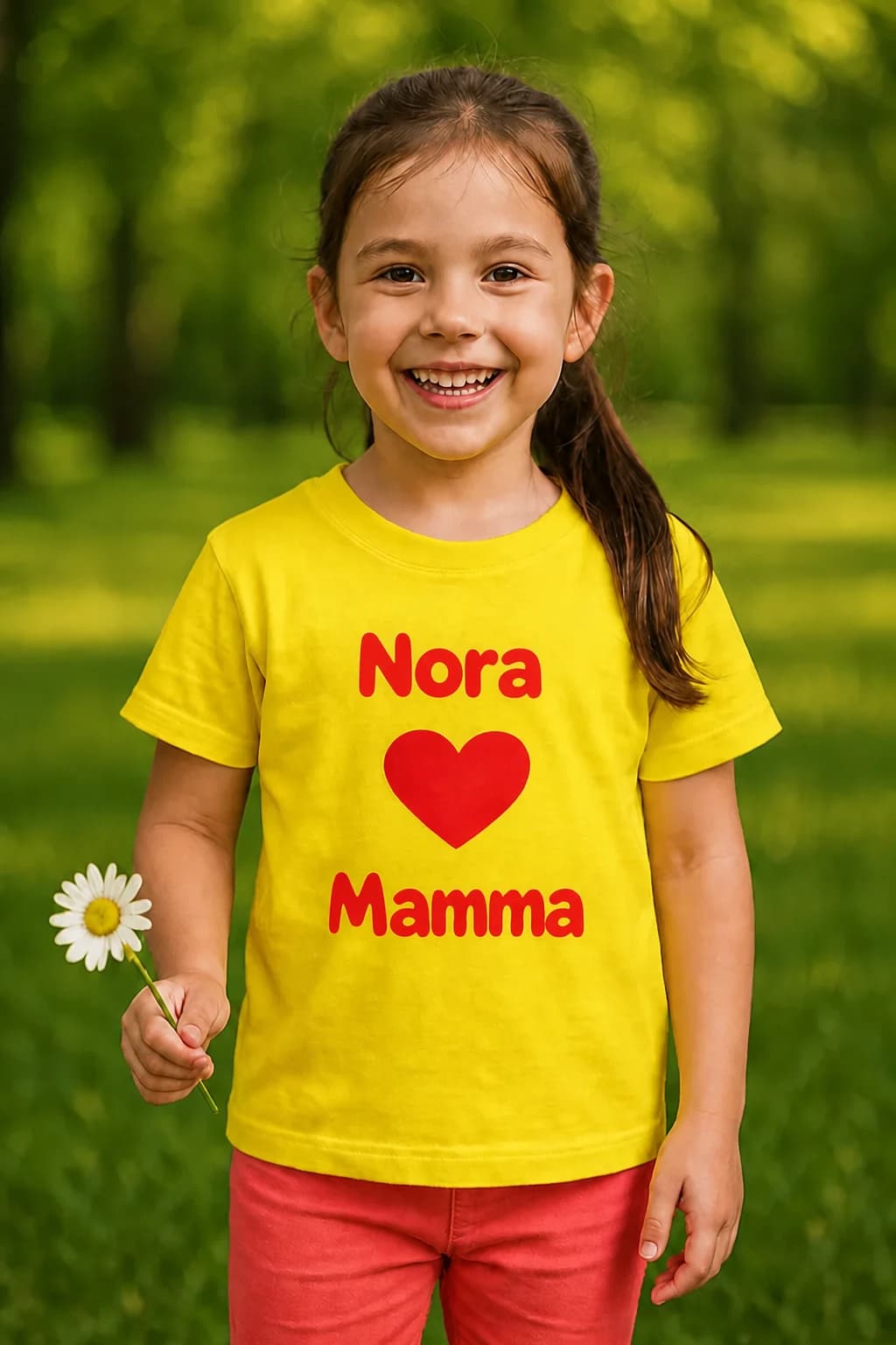 Jente i gul barne-t-skjorte med rødt navn Nora, hjerte og ordet Mamma – barne-t-skjorte med navn til morsdag