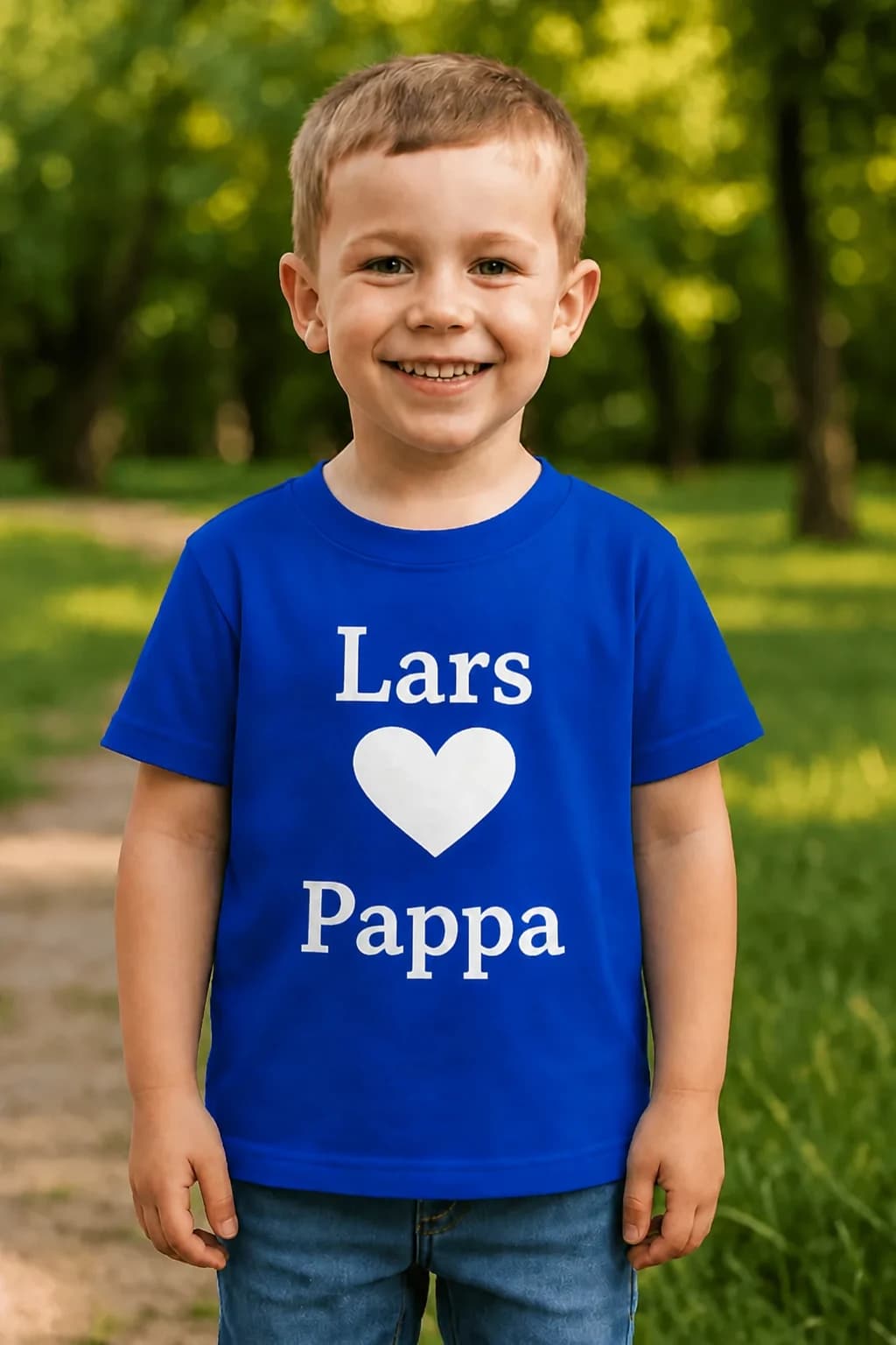 Gutt i kongeblå barne-t-skjorte med navn, hvitt hjerte og ordet «Pappa» – farsdagsgave
