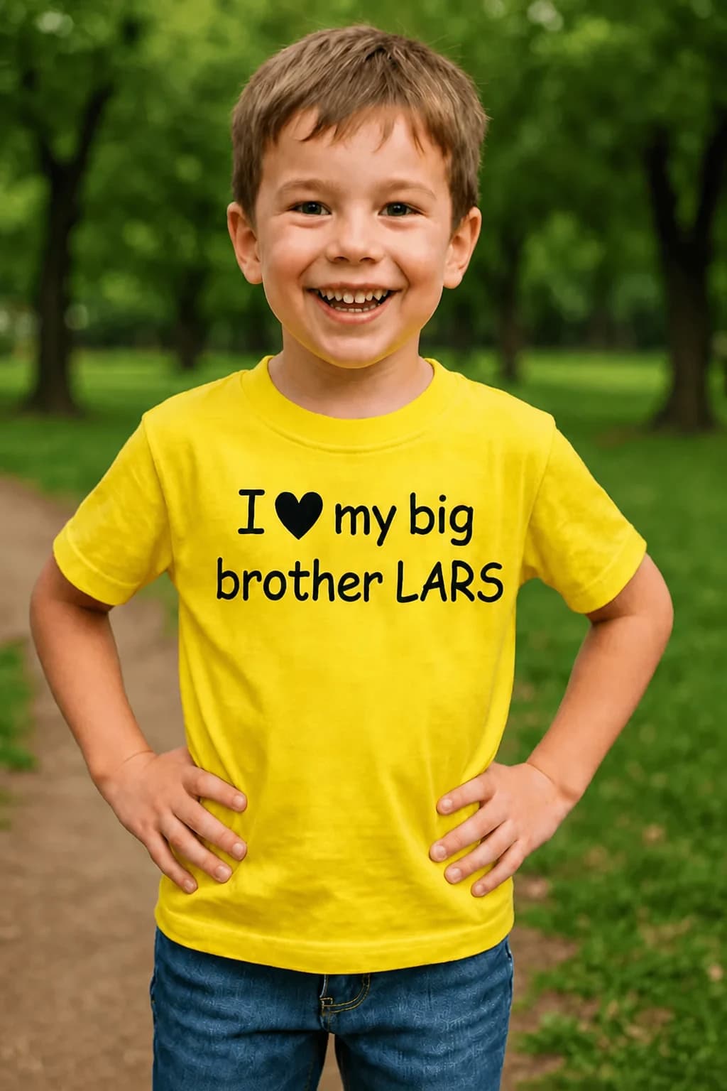 Gutt i gul barne-t-skjorte med svart tekst «I ♥ my big brother LARS» – søsken-t-skjorte med navn