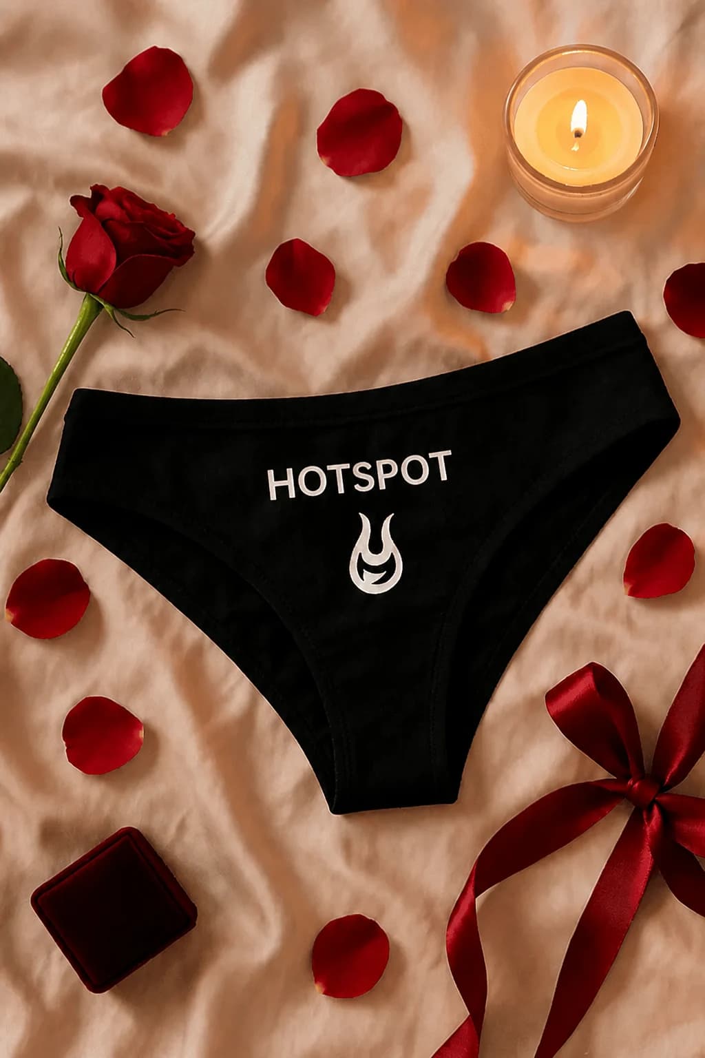 Svart morsom truse med teksten HOTSPOT og et hvitt flammesymbol, lagt blant roser og roseblader