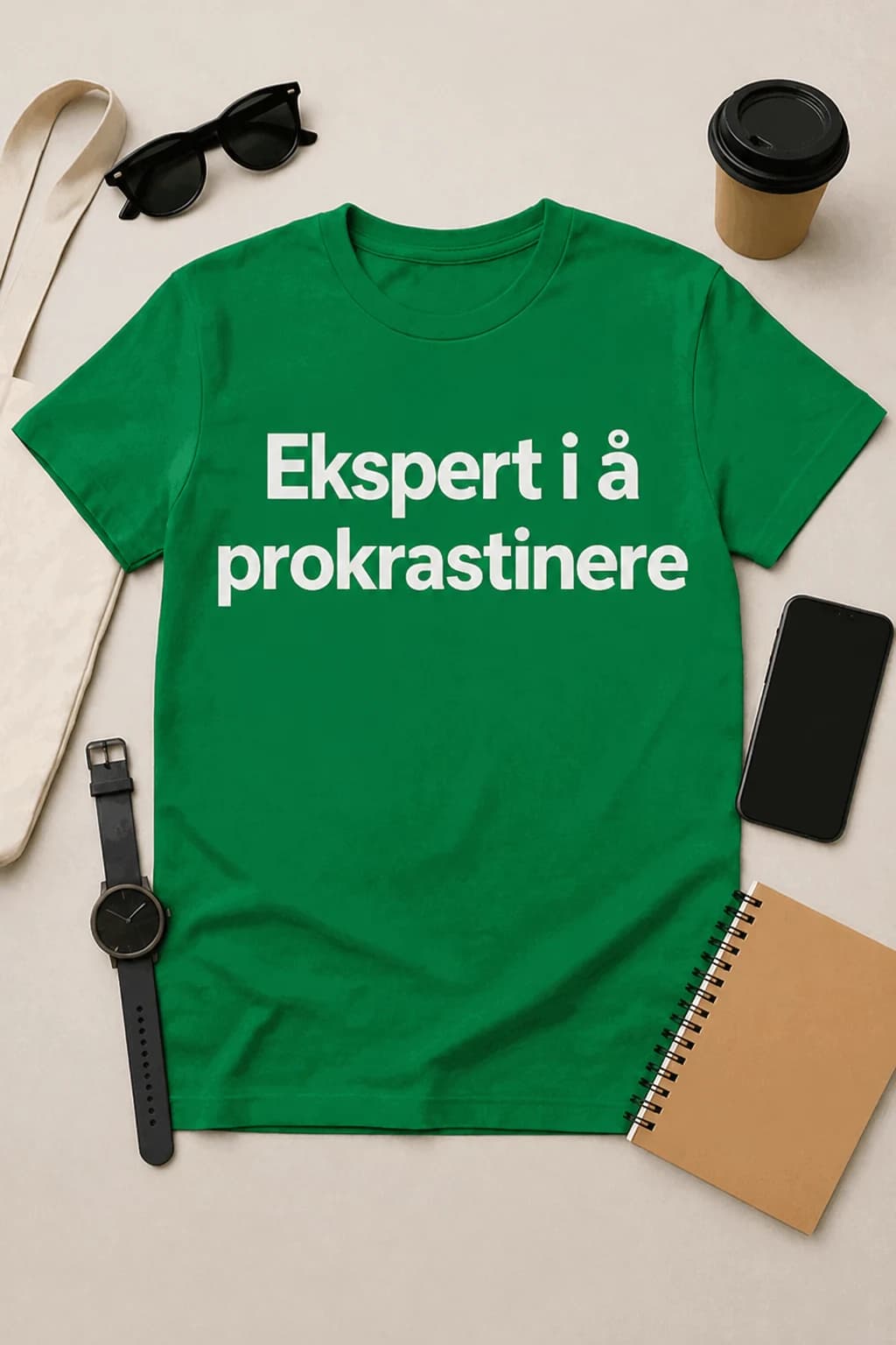 Grønn morsom t-skjorte med hvit tekst Ekspert i å prokrastinere, lagt flatt med notatbok og kaffe