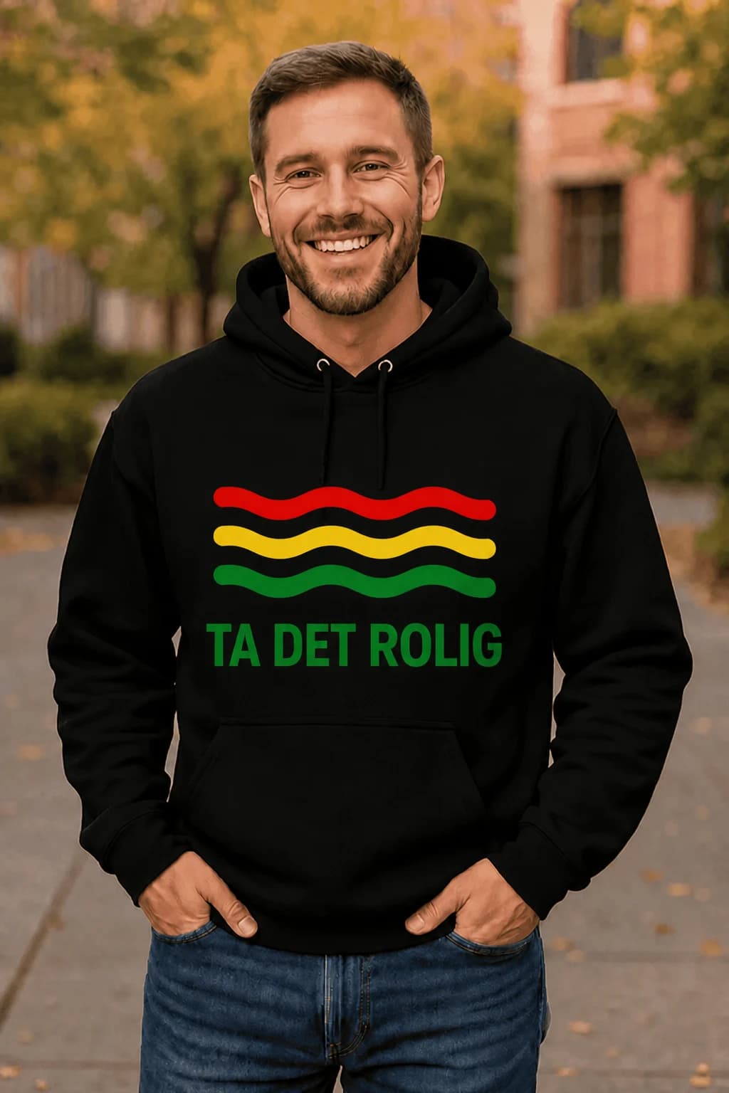 Hettegenser i rastafarger «Ta det rolig»