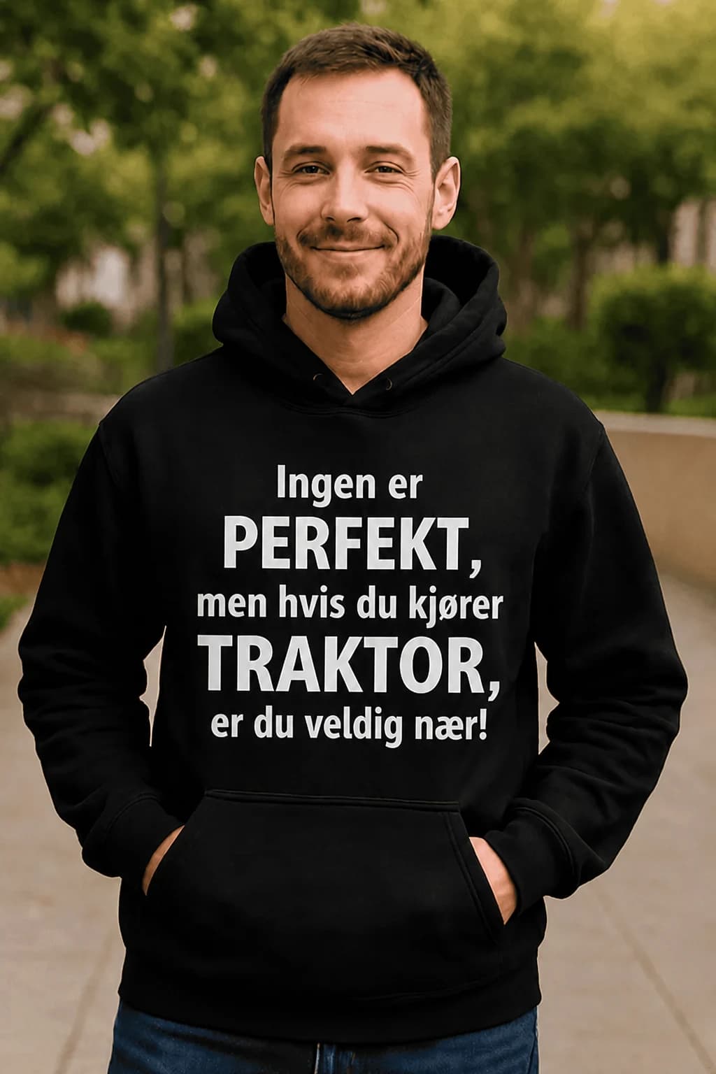 Mann i svart hettegenser med tekst «Ingen er PERFEKT, men hvis du kjører …, er du veldig nær!» og eget bilmerke