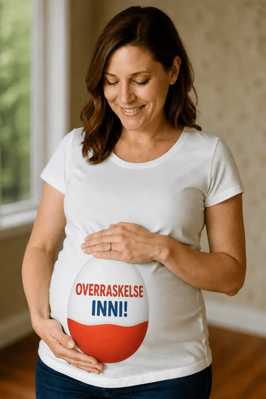 Gravid kvinne i hvit t-skjorte med stort rødt og hvitt egg og teksten «OVERRASKELSE INNI!» på magen