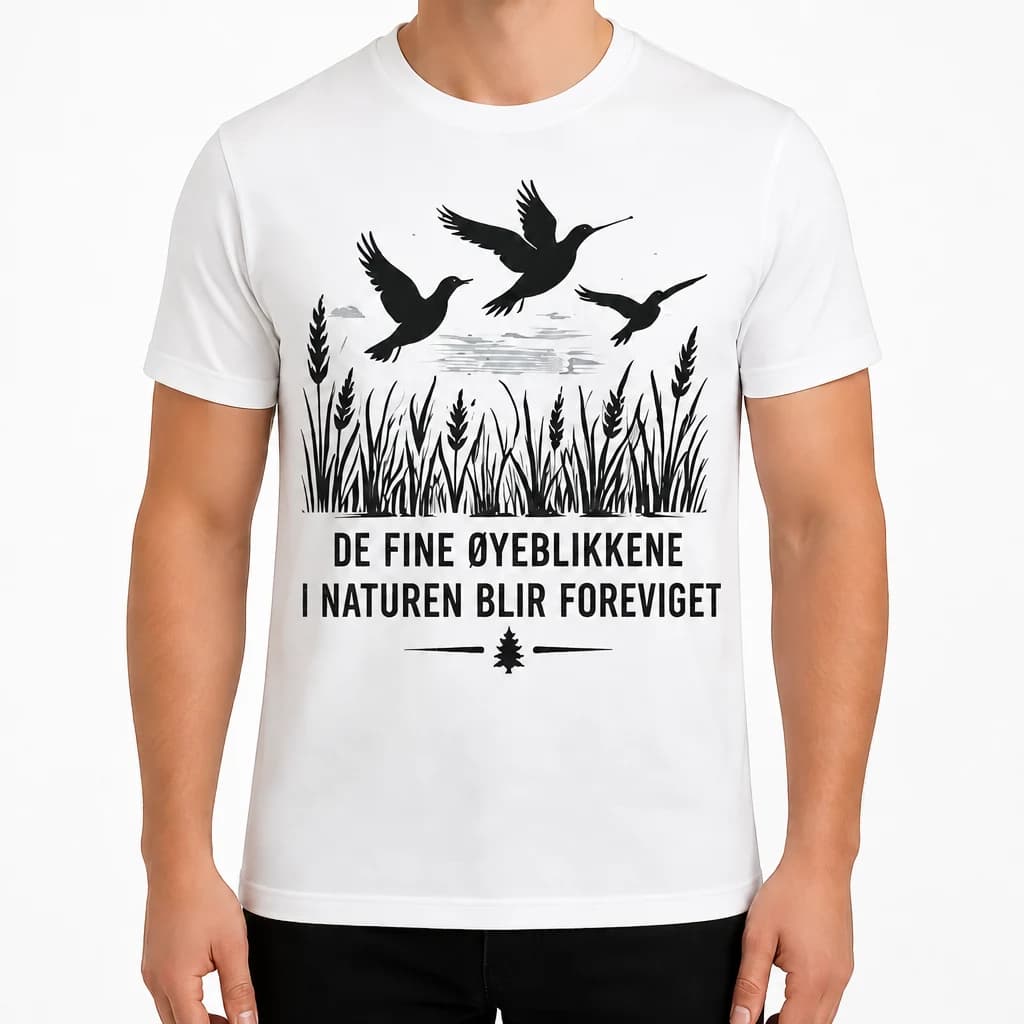 Hvit jakt-t-skjorte med fugler over siv og teksten «De fine øyeblikkene i naturen blir foreviget»