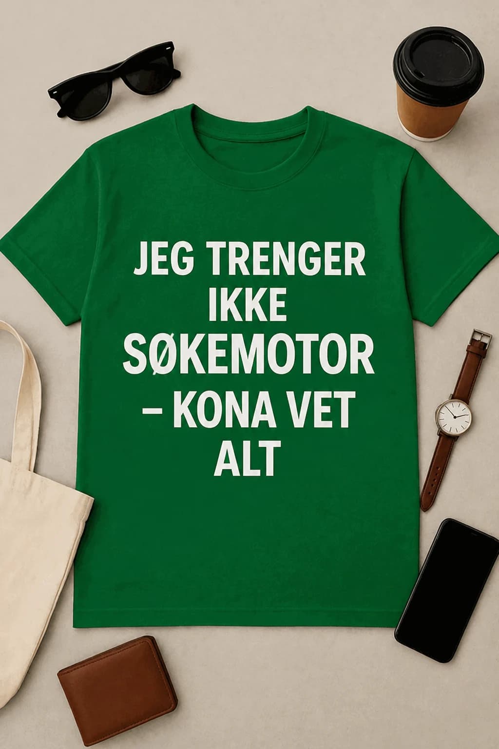 Grønn t-skjorte til mannen med hvit tekst «Jeg trenger ikke søkemotor – kona vet alt» lagt flatt