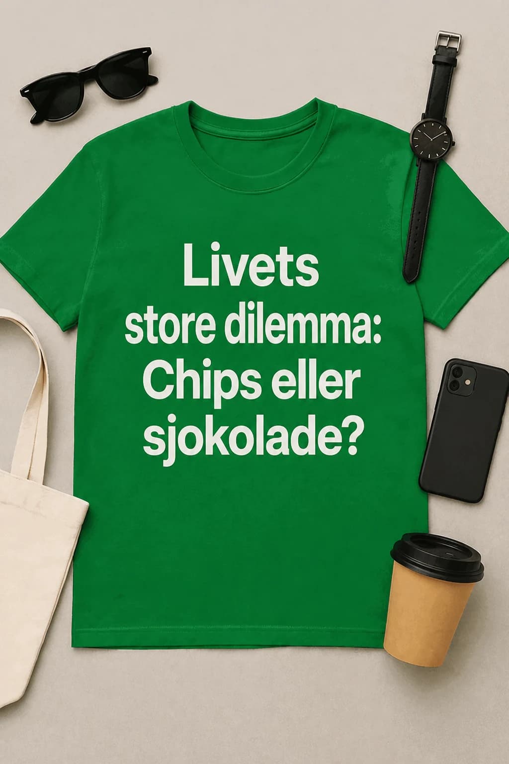 Grønn morsom t-skjorte med hvit tekst «Livets store dilemma: chips eller sjokolade?» lagt flatt