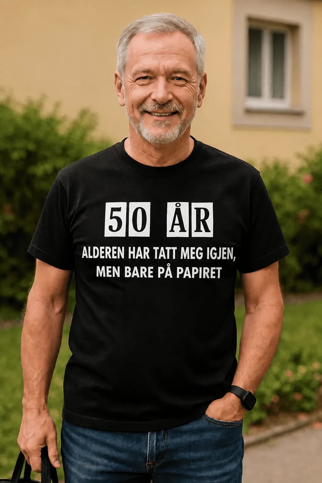 T-skjorte med teksten «50 år – alderen har tatt meg igjen, men bare på papiret» – morsom gave til 50-årsdagen