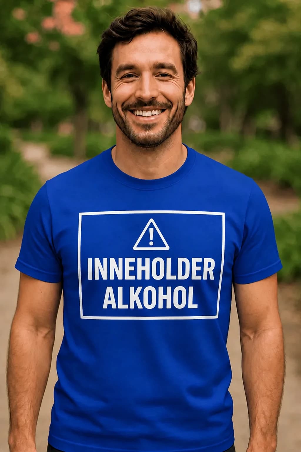 Mann i kongeblå t-skjorte med teksten «Inneholder alkohol» – morsom t-skjorte til fest og julebord