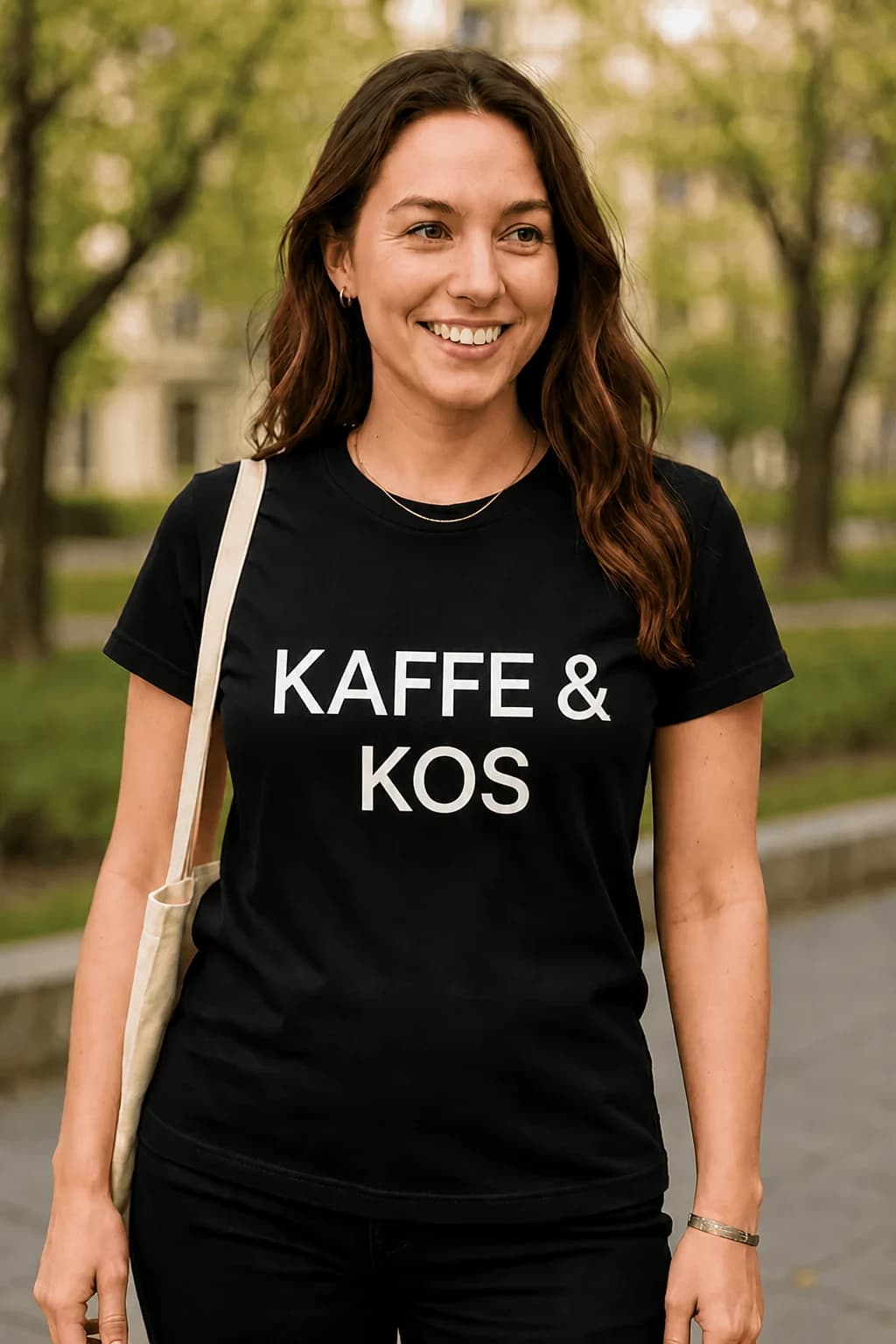 Smilende kvinne i svart t-skjorte til kaffeelskere med hvit tekst «Kaffe & kos» i stilren skrift