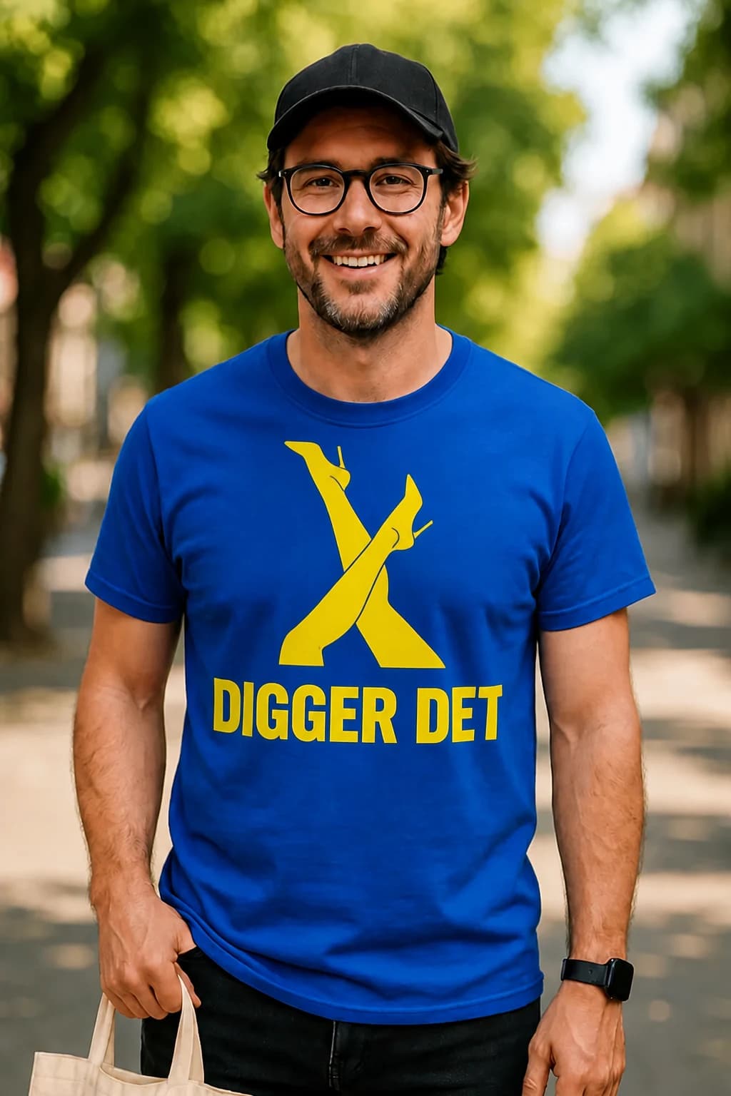 Kongeblå morsom t-skjorte med gule kvinneben i høye hæler og teksten «Digger det» på en mann