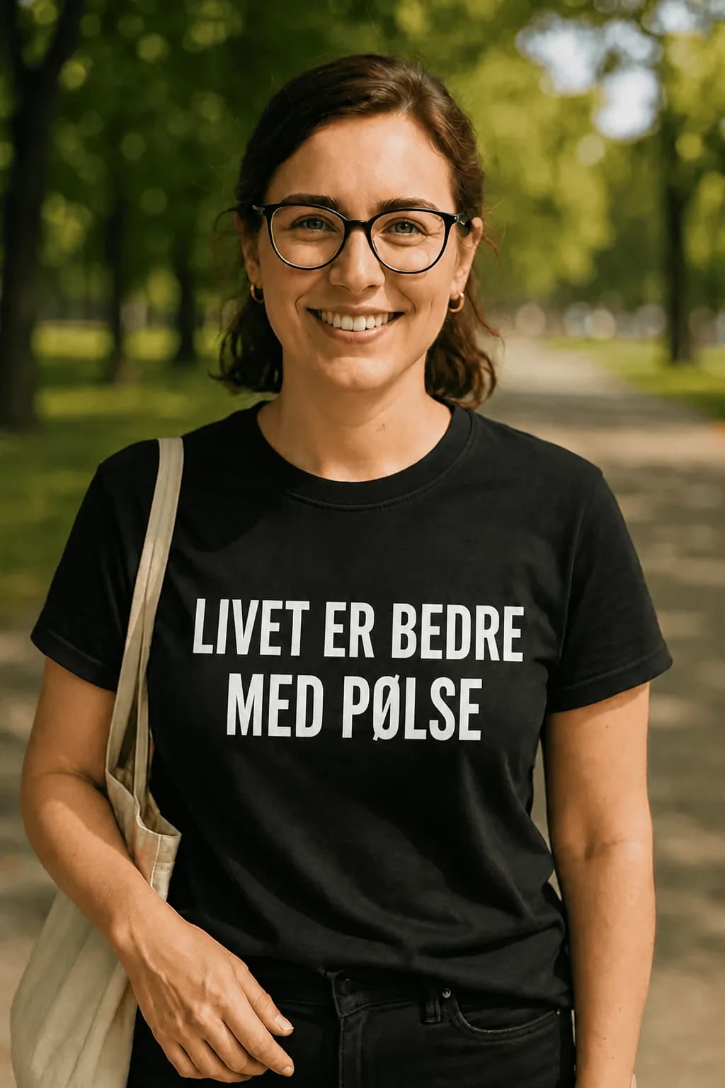 Svart morsom t-skjorte med hvit tekst «Livet er bedre med pølse» – gave til pølseelskeren og grillmesteren