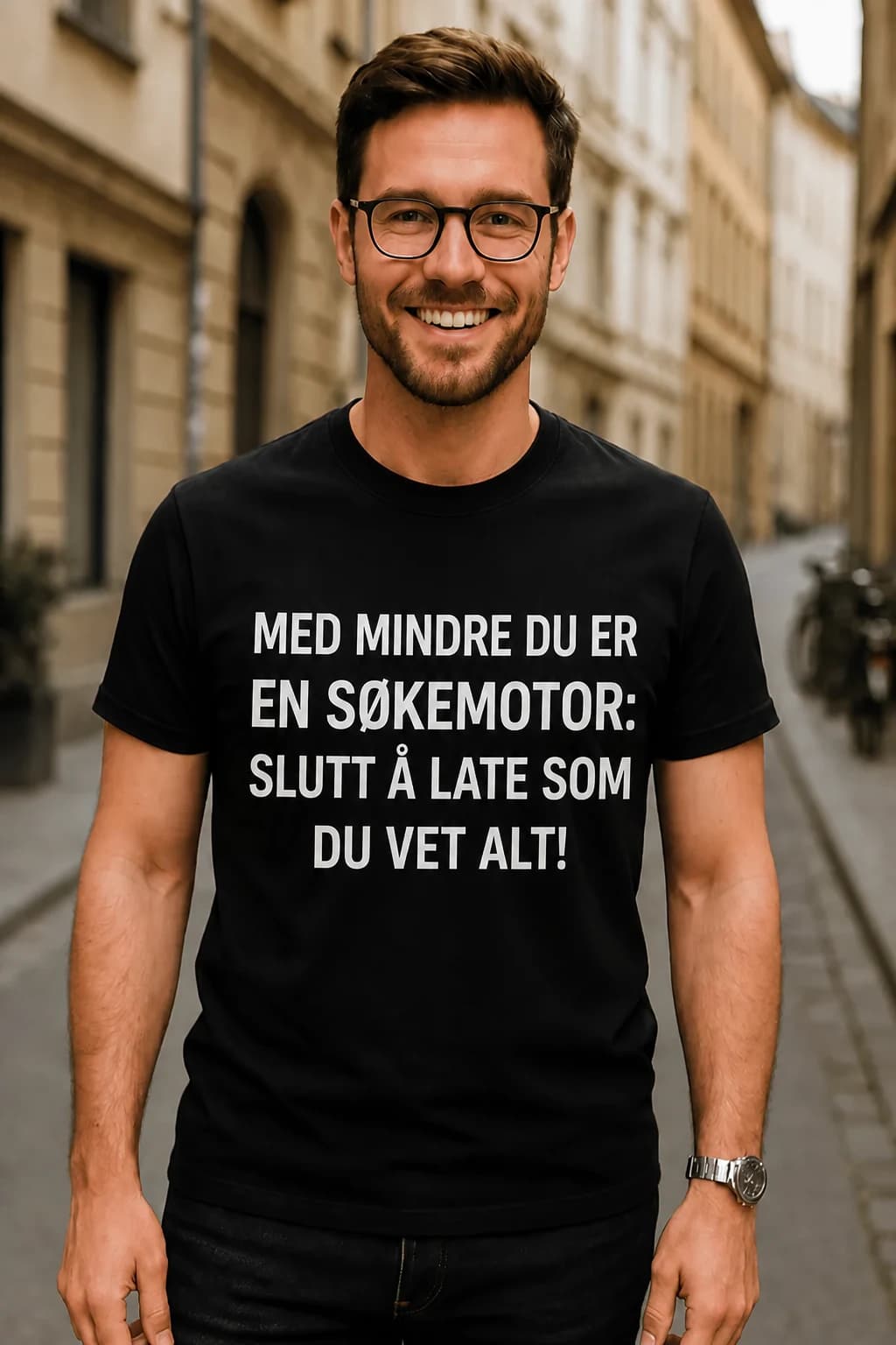 Svart t-skjorte med hvit tekst «Med mindre du er en søkemotor: slutt å late som du vet alt!», morsom t-skjorte