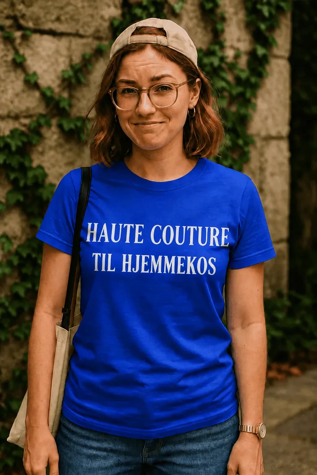Kongeblå t-skjorte med hvit elegant tekst «Haute couture til hjemmekos» på en kvinne med caps, morsom t-skjorte