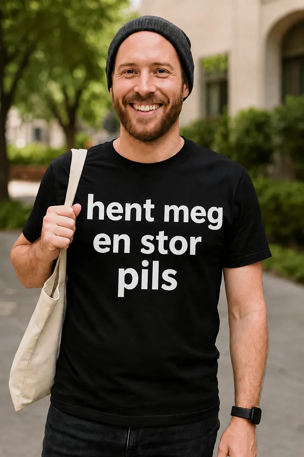 Svart t-skjorte med hvit tekst «Hent meg en stor pils» på en smilende mann med lue, morsom t-skjorte til ølelsker