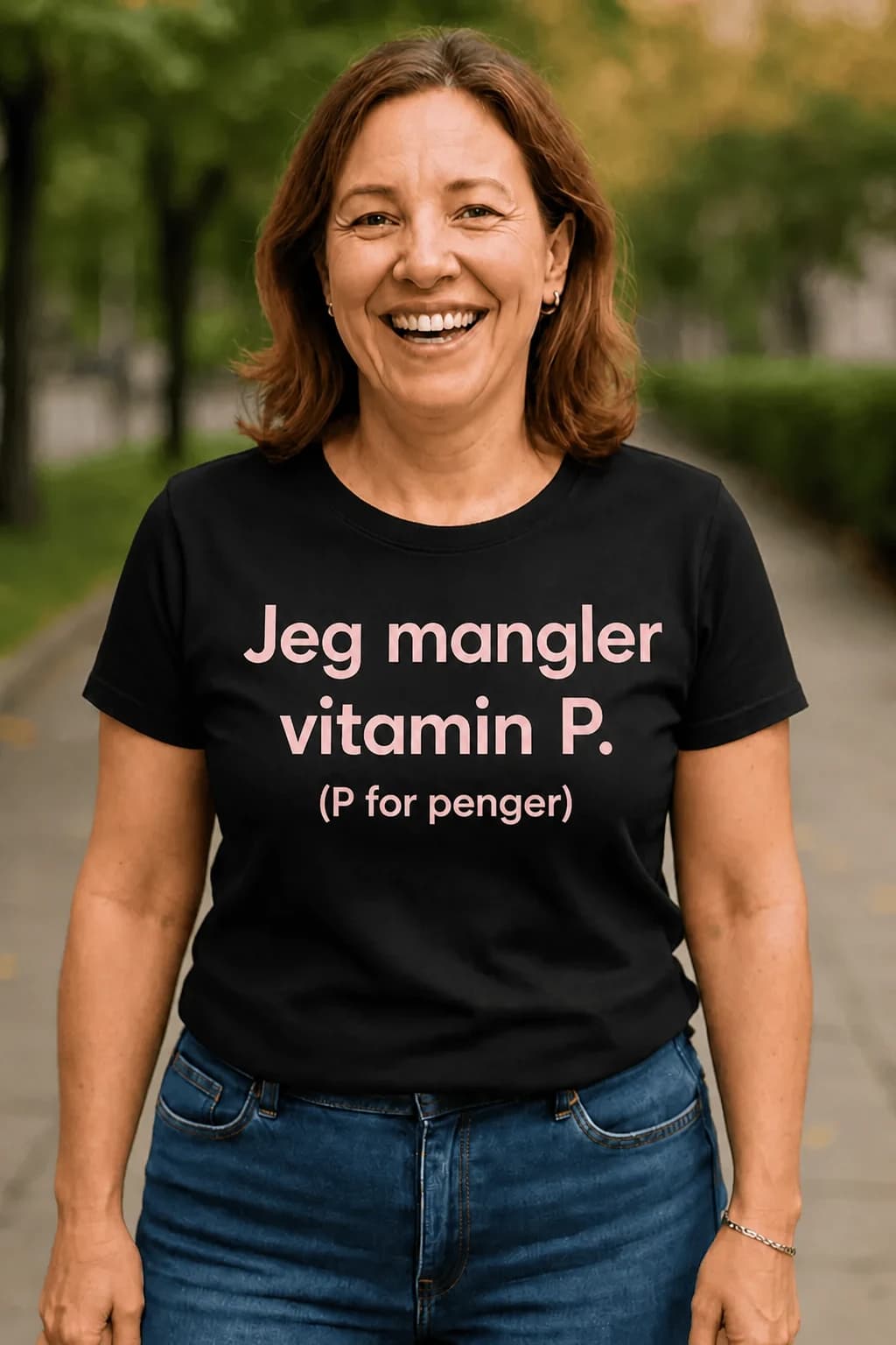 Smilende kvinne i svart morsom t-skjorte med rosa tekst om at hun mangler vitamin P, P for penger