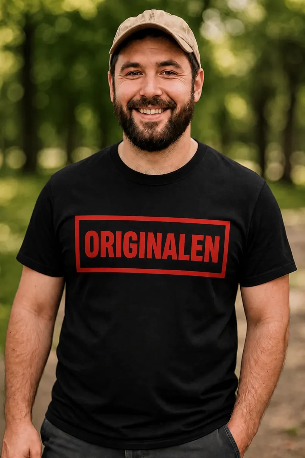 Smilende mann med caps i svart t-skjorte med ordet «Originalen» i rød skrift inne i en rød rektangelramme