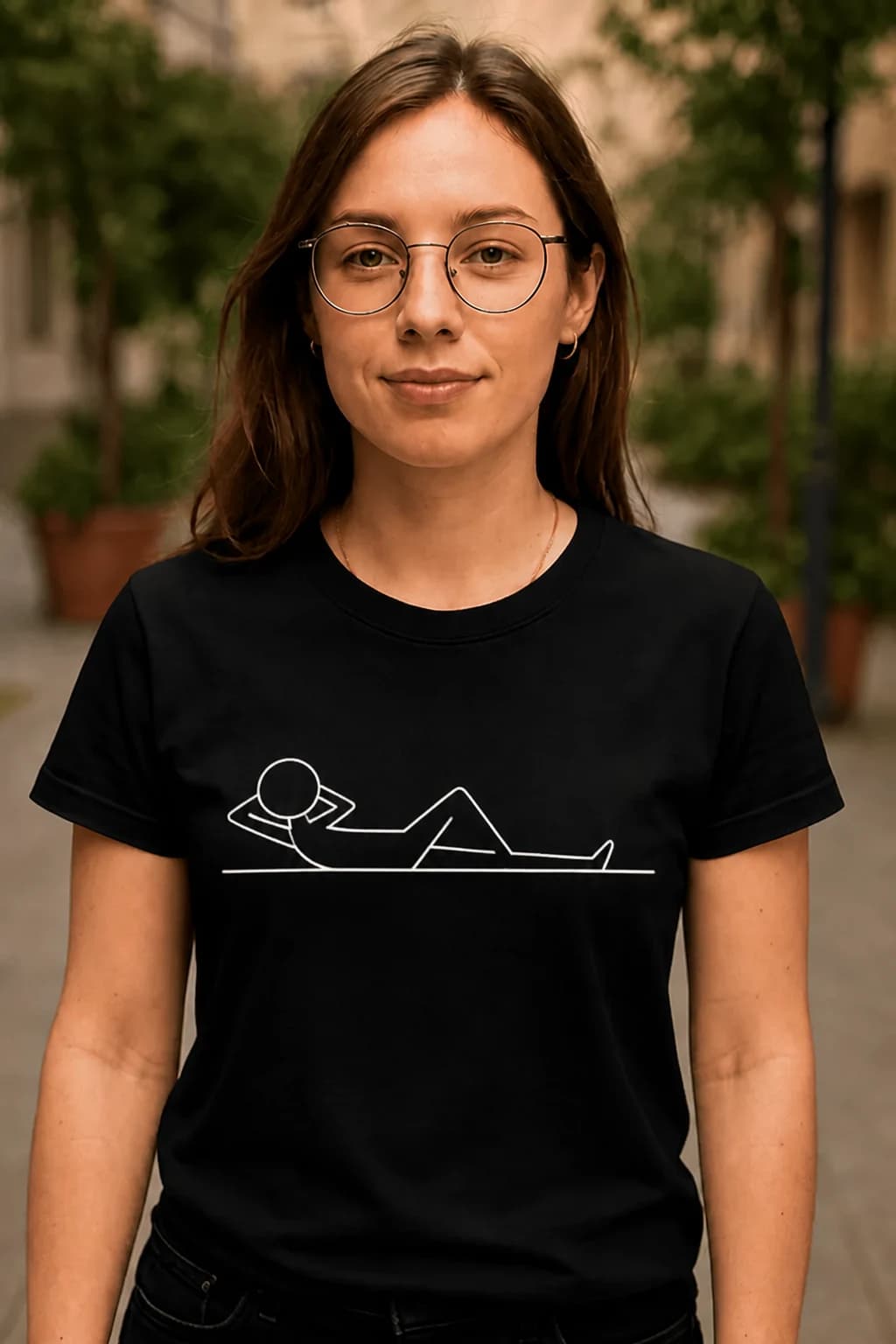 Kvinne med briller i svart t-skjorte med minimalistisk hvit strektegning av en figur over en linje