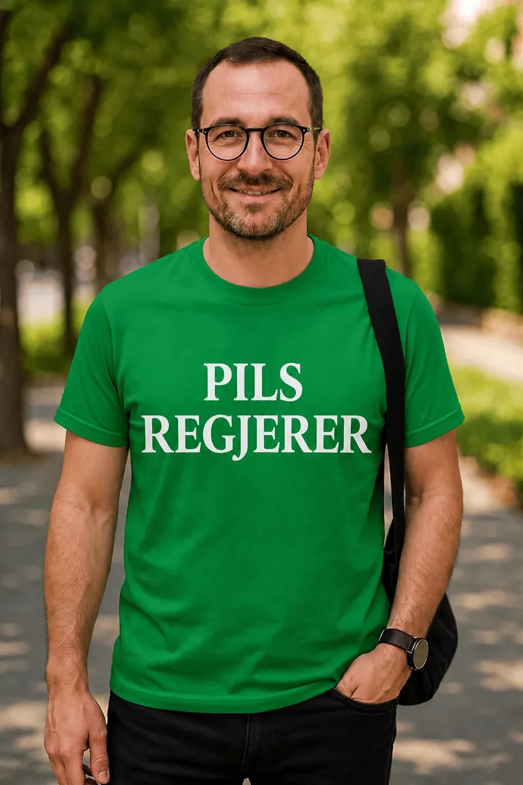 Mann med briller i grønn øl-t-skjorte med hvit tekst om at pilsen regjerer, i en allé