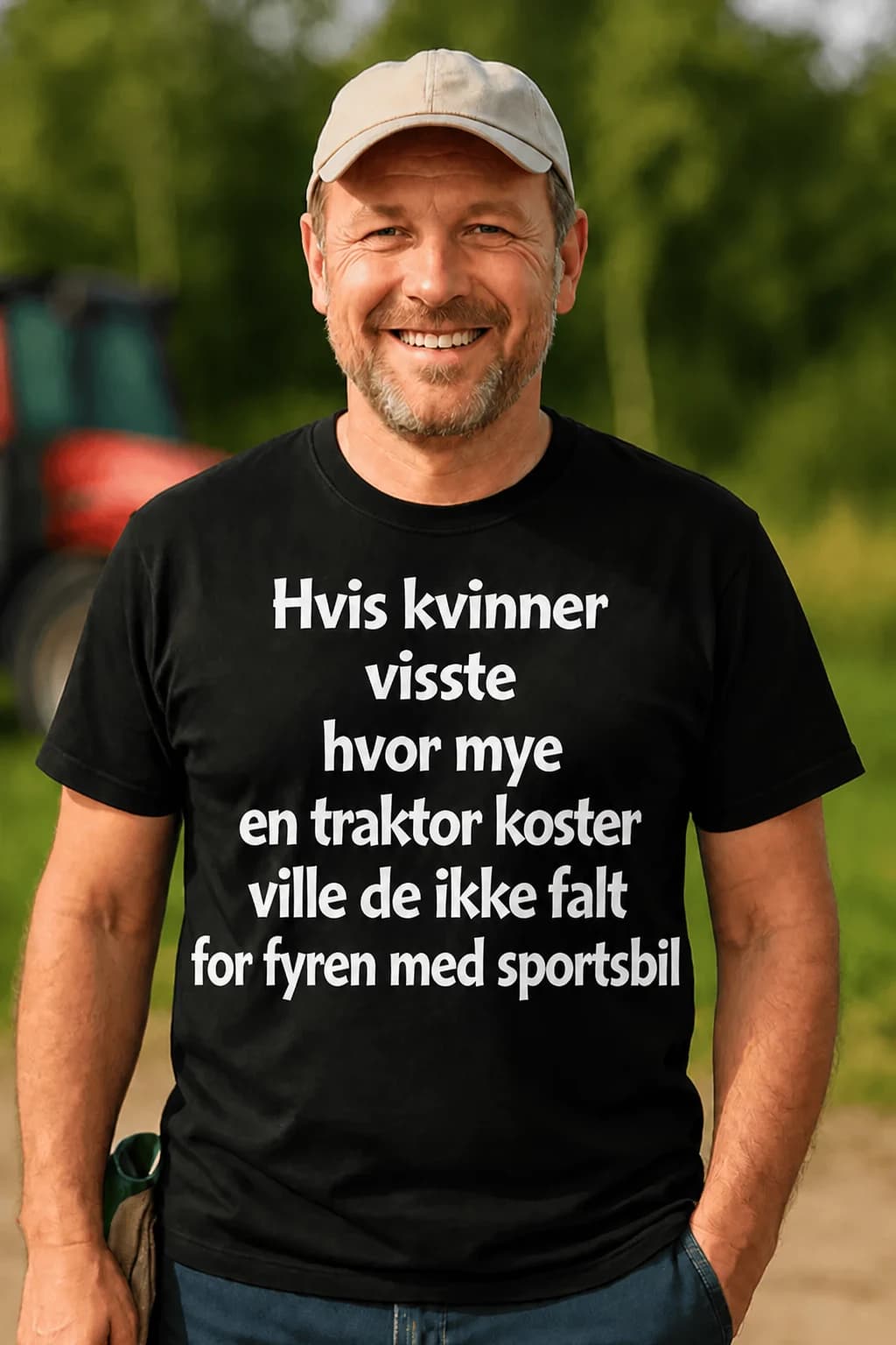 Mann i svart traktor-t-skjorte med hvit tekst om hvor mye en traktor koster, foran en rød traktor