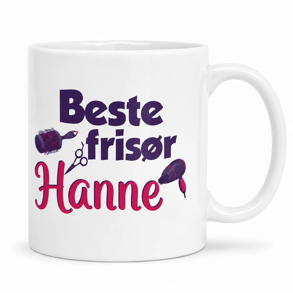 Hvitt krus med navn til frisøren: «Beste frisør Hanne» med hårbørste, saks og hårføner i lilla og rosa