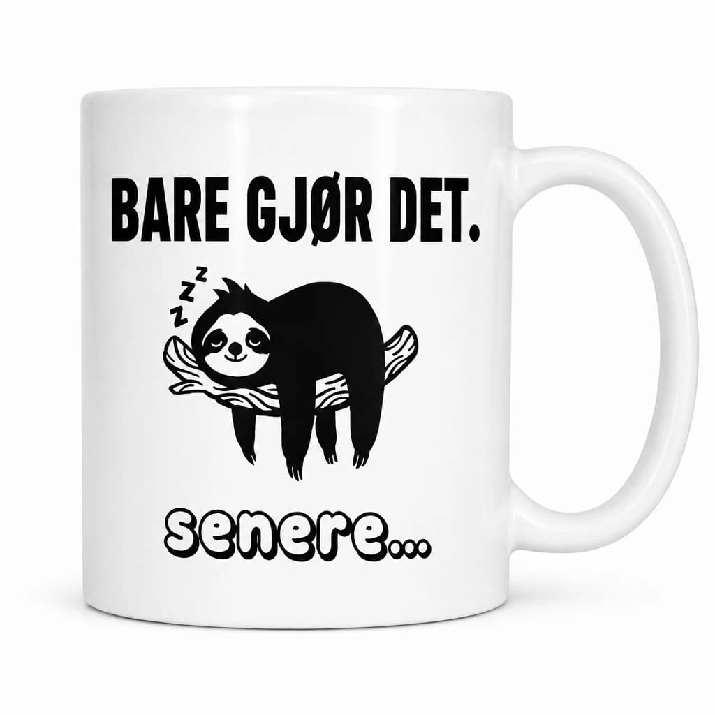 Hvitt morsomt krus med sort dovendyr som sover på en grein og teksten «Bare gjør det. senere...»
