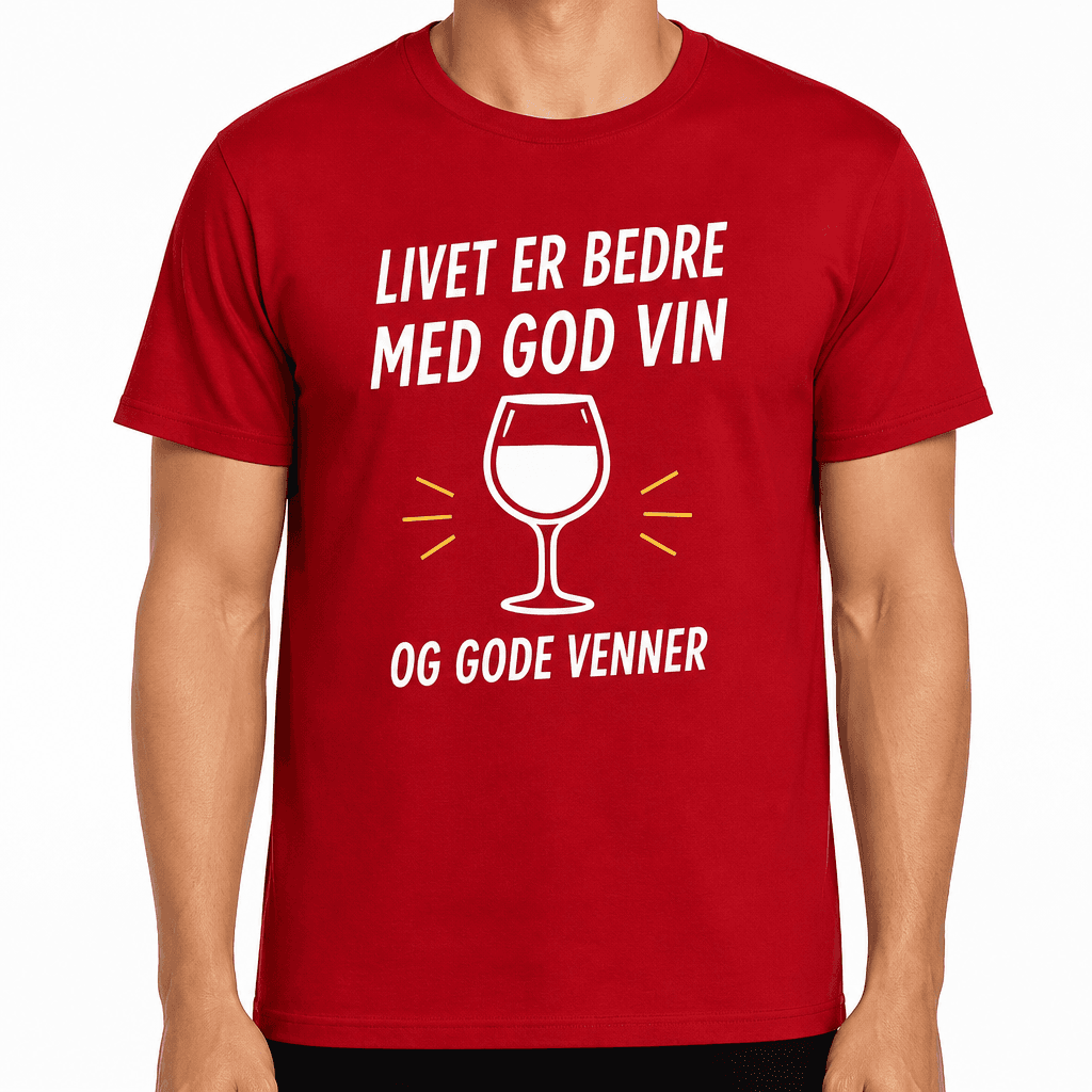 T-skjorte til 70-årsdag – Livet er bedre med god vin og gode venner