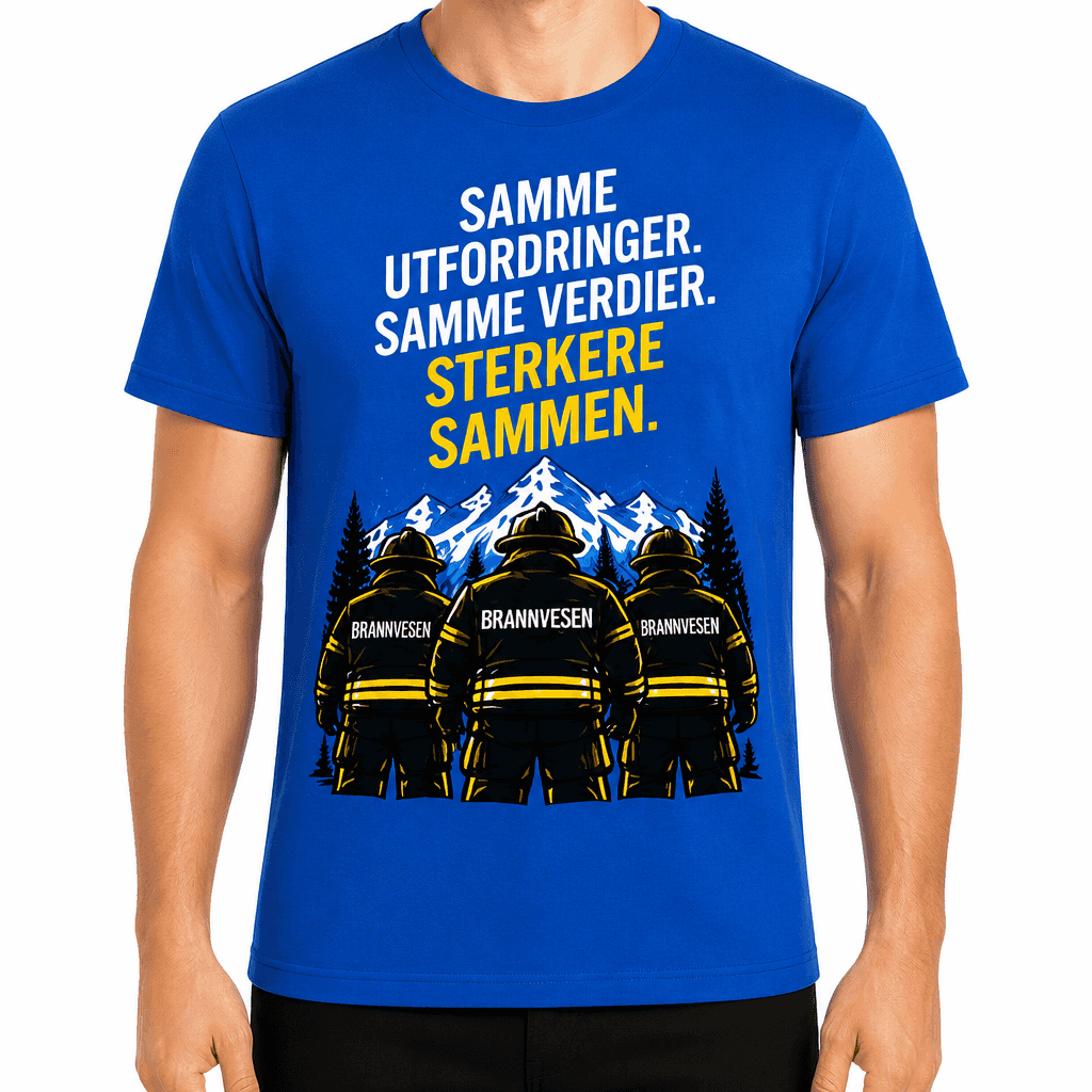 Brannmann T-skjorte â Samme utfordringer. Samme verdier. Sterkere sammen.