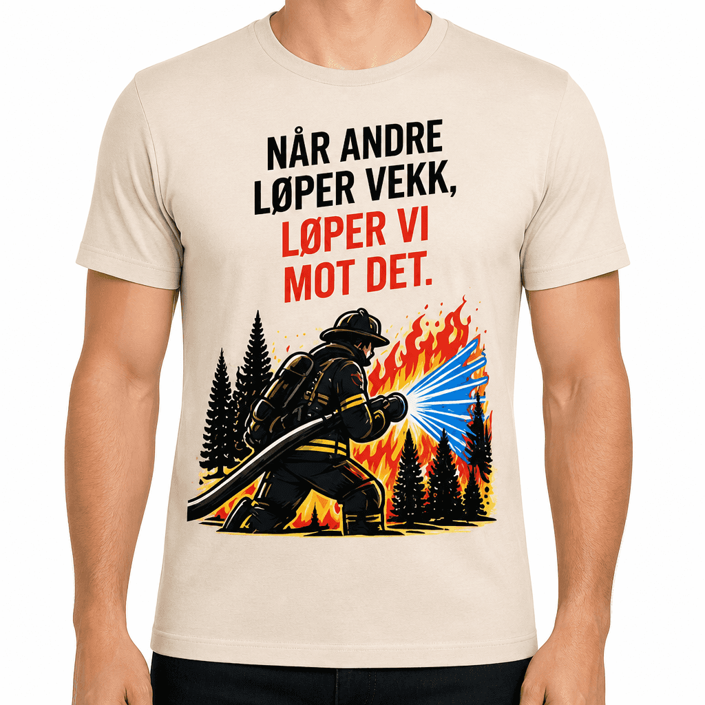 Brannmann T-skjorte â NĂ„r andre lĂžper vekk, lĂžper vi mot det.