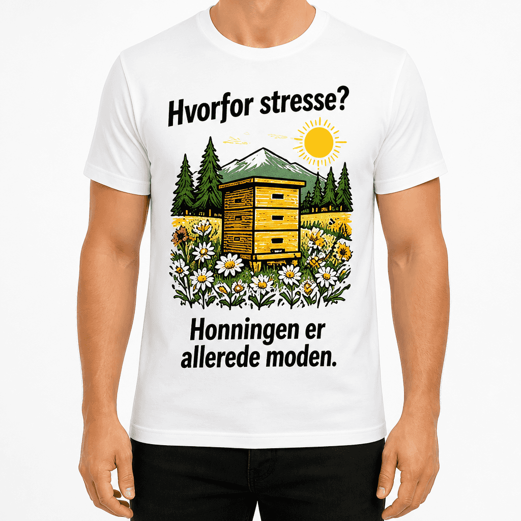 Birøkter-T-skjorte – Hvorfor stresse? Honningen er allerede moden.