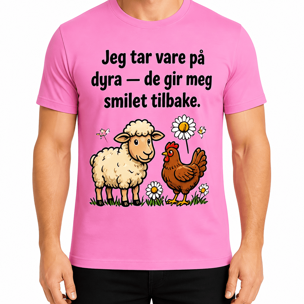 Bonde-T-skjorte – Jeg tar vare på dyra — de gir meg smilet tilbake.