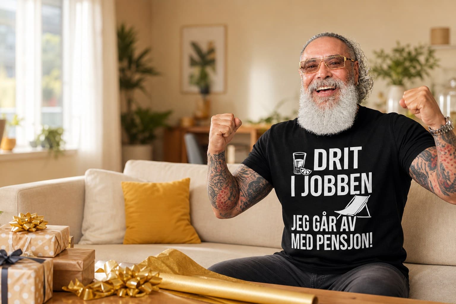 Mann i t-skjorte med teksten «Drit i jobben, jeg går av med pensjon»