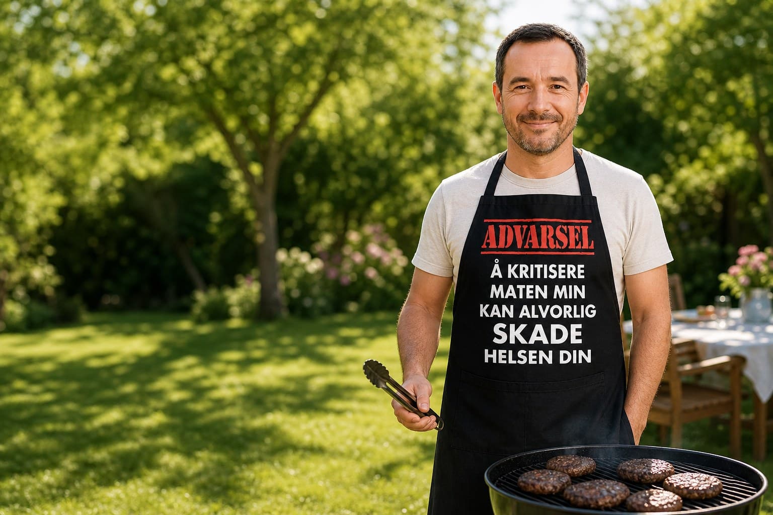 Person ved grillen med forkle med teksten «Advarsel: å kritisere maten min»