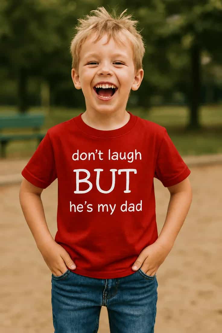 Barne t-skjorte Ikke le pappa – don't laugh BUT he's my dad