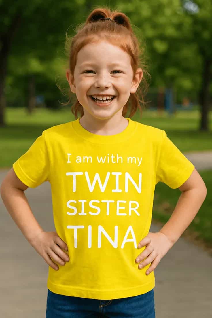Barne t-skjorte Twin sister med navn – I am with my TWIN