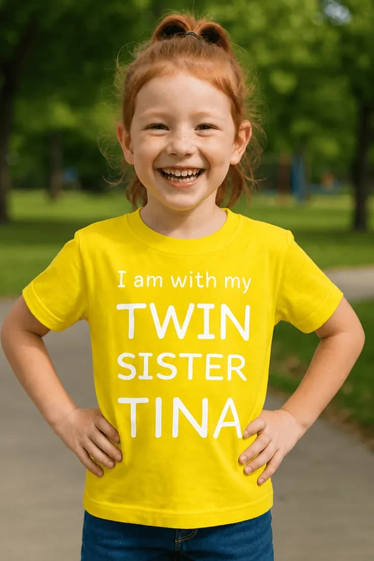 Barne t-skjorte Twin sister med navn – I am with my TWIN