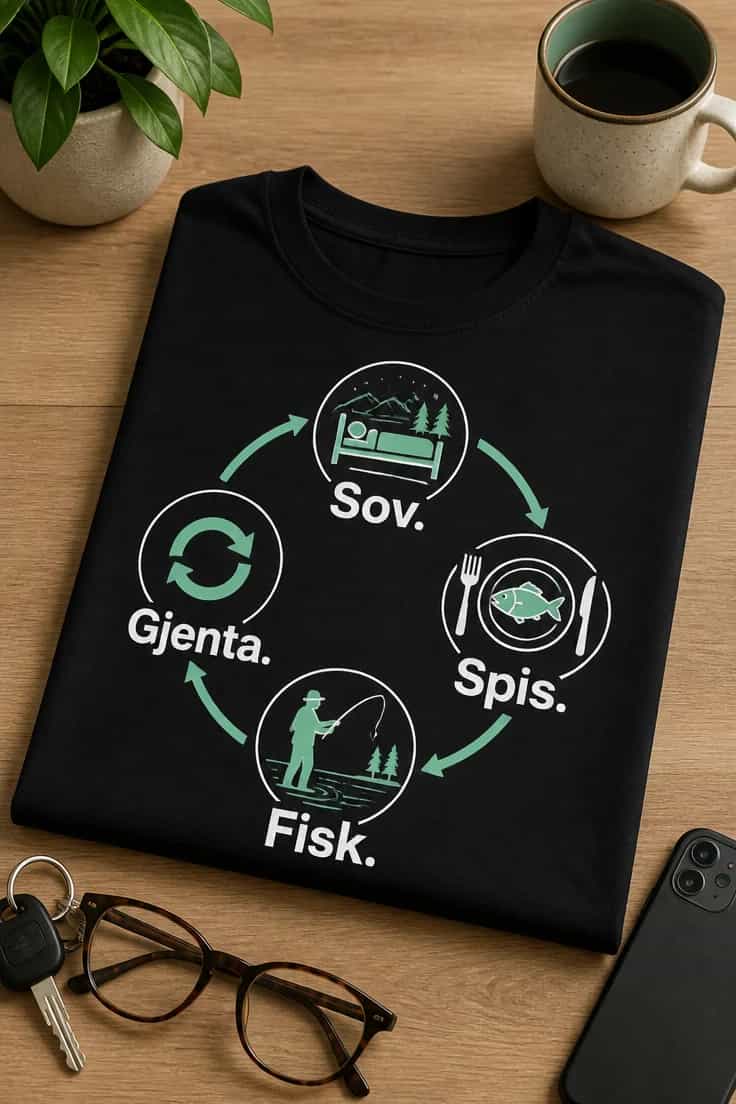 Fiskesløyfe t-skjorte: Sov. Spis. Fisk. Gjenta.