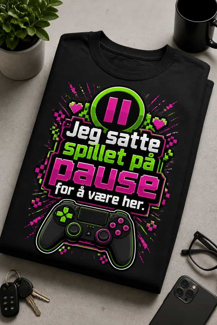 Gamer-T-skjorte â Jeg satte spillet pĂ„ pause for Ă„ vĂŠre her